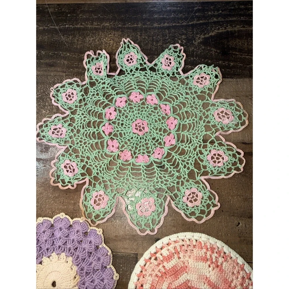 Vintage Handmade Crochet Doilies Lot Set of 3 Pink Green Purple Boho Table Decor